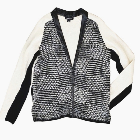 TROUVE White and black rabbit fur cardigan jacket. Faux leather trim. Size M - Picture 1 of 12